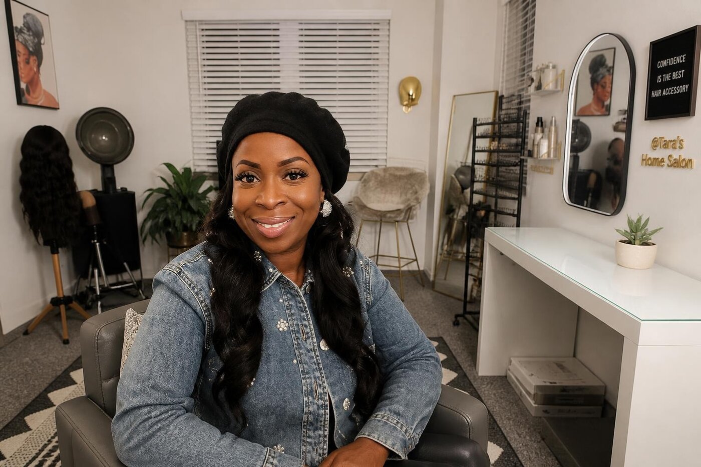Tara smiling in her private home studio, with her salon chair, vanity and styling tools